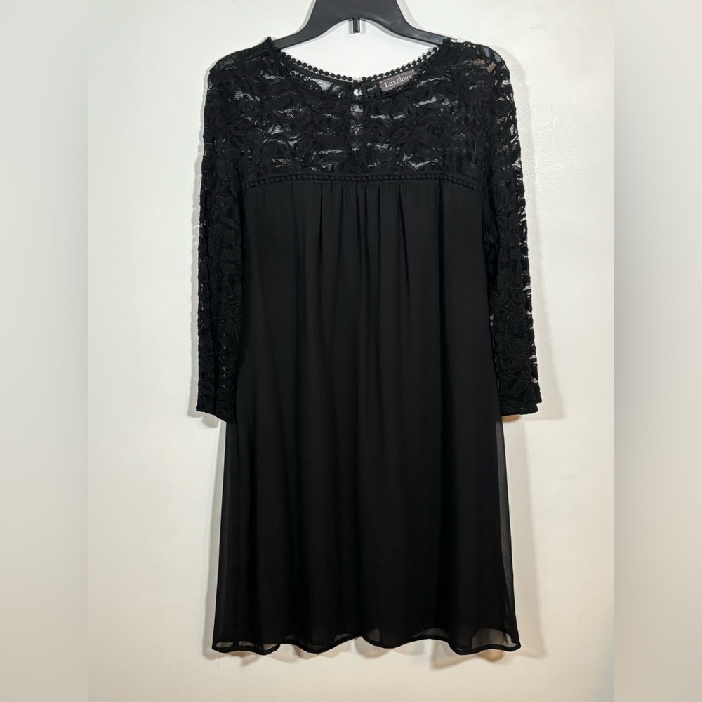 Luxology Women’s Black Lace Dress Size 10 3/4 Sleeve Chiffon - Picture 2 of 13
